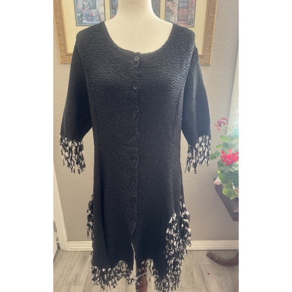 VTG Jerry T Black Dress Stretch Fringe Polka Dot Funky Artsy Tulip Fairy 1X XL - Picture 1 of 7